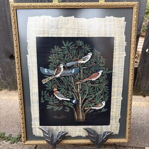 Lovely Tree of Life On Papyrus with 5 Birds Beautiful Gold Frame 13"x16"
